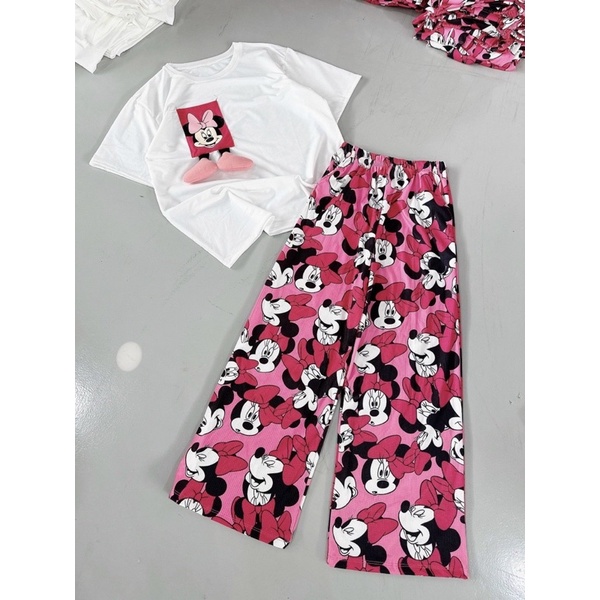 Set Bộ Thun Phông Micky Hồng Nổi Ống Xuông