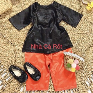 Set bà ba đỏ lụa hàng may thiết kế cho bé
