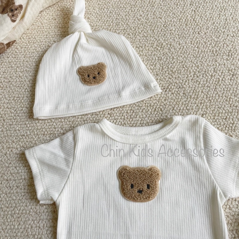 Sét body cộc tay và mũ củ tỏi thêu gấu vải cotton gân mềm cho bé