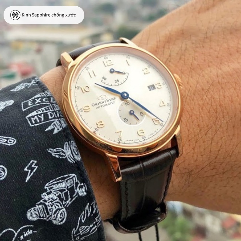 Đồng hồ cơ nam Orient Star Watch Vintage RE-AW000 lộ máy tích cót 50 tiếng mặt kính Sapphire dây da đeo tay chính hãng