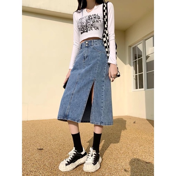 Chân váy bò nữ dáng dài xẻ tà , váy xẻ 2 màu 2 cúc cúc jeans Chữ A Lưng Cao Thời Trang Cho Nữ kèm ảnh thật