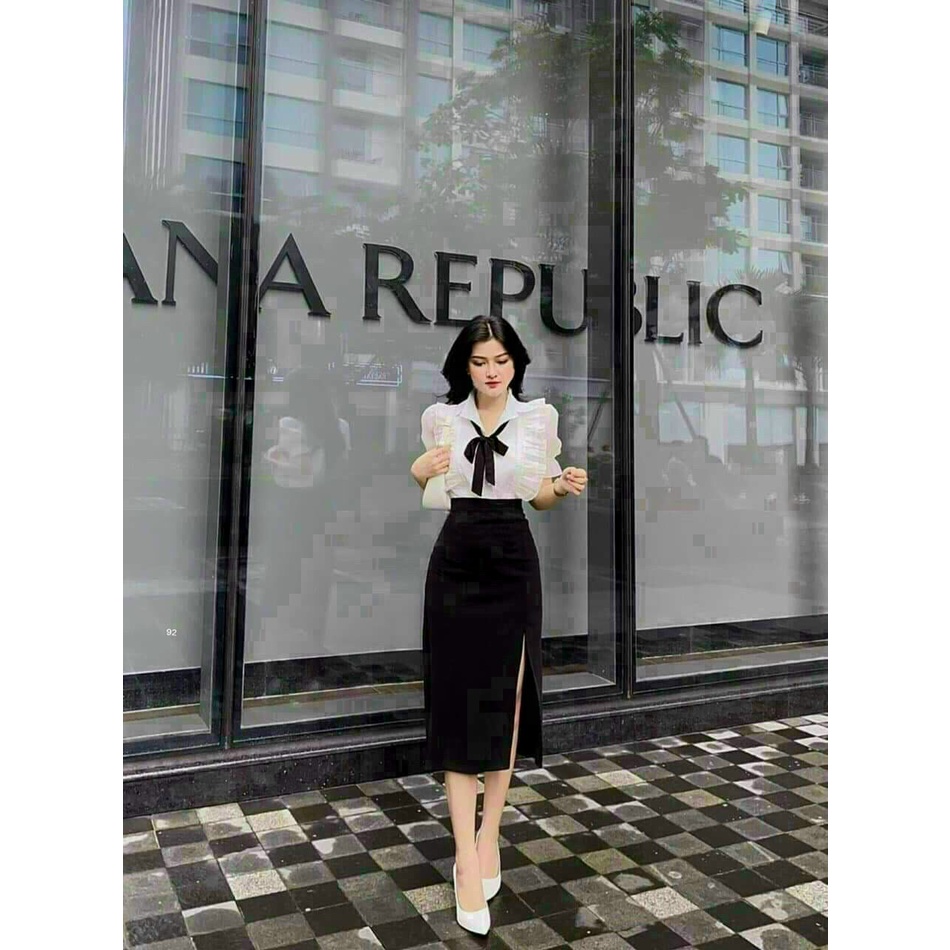 SÉT ÁO 2 LỚP BÈO CÀI NÚT THẬT KÈM CHÂN VÁY XẺ MÀU Y HÌNH