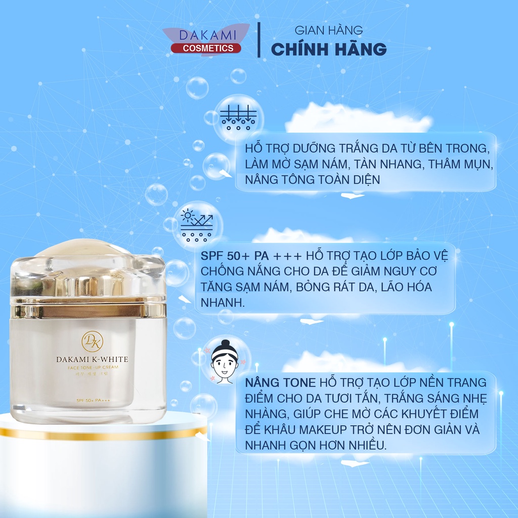 Kem Dakami K-White SPF50/ PA++, dưỡng trắng da mặt, chống nắng, giảm thâm, mờ nám hộp 30g