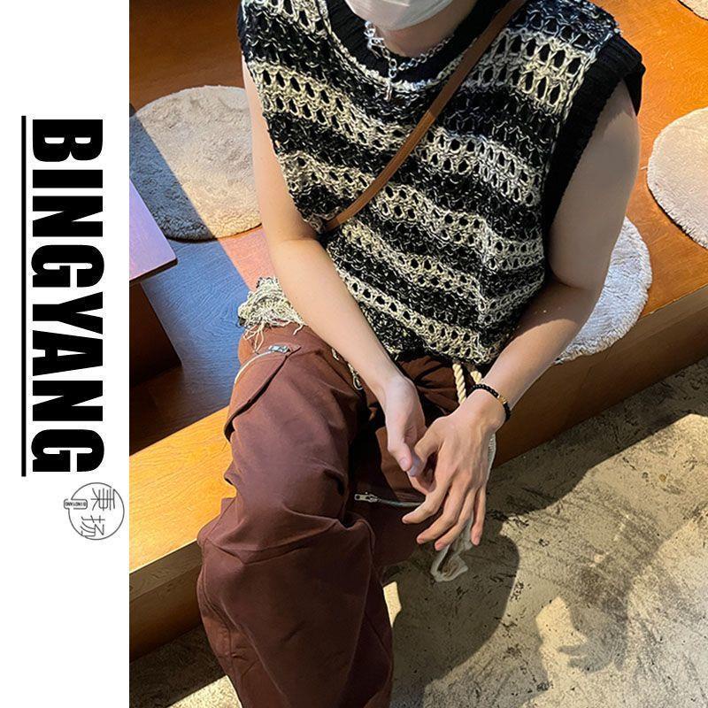 Set Áo Khoác Len Không Tay + Quần Yếm Dây Rút Phong Cách Retro Cho Nam Nữ