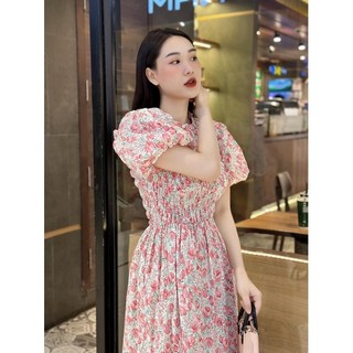 váy hoa chạy chun cổ bèo tay bồng màu hồng