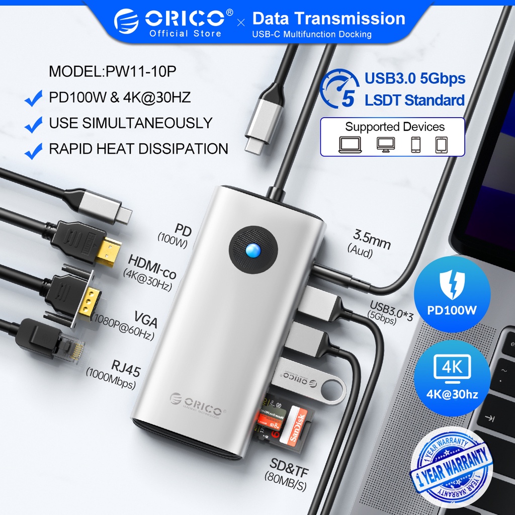 ORICO Đầu chuyển đổi từ cổng Type C sang cổng USB 3.0 RJ45 PD100W 4K30Hz HDMI thích hợp (PW11)