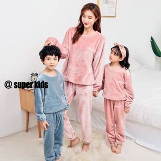 SUPER KIDS Bộ Đồ Ngủ Tay Dài Vải Lông Cừu San Hô Giữ Ấm Mùa Thu Và Mùa Đông Phiên Bản Mới Hàn Quốc Dành Cho Mẹ Và Bé