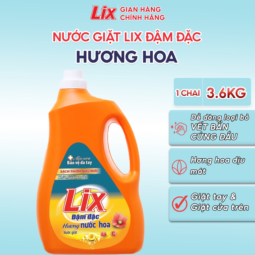 Nước giặt Lix đậm đặc hương hoa chai 3.6kg làm sạch cực nhanh vết bẩn NGH10 tăng gấp đôi sức mạnh giặt tẩy quần áo