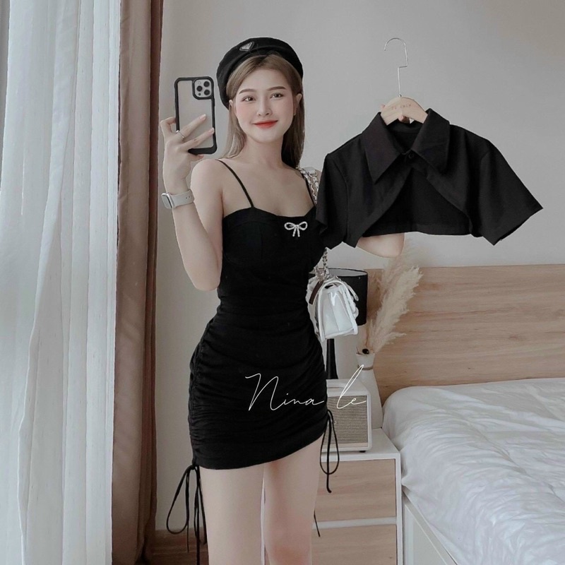 Set đầm 2 dây đen body t dây đính đá hoa kèm khoác crop cutout mẫu