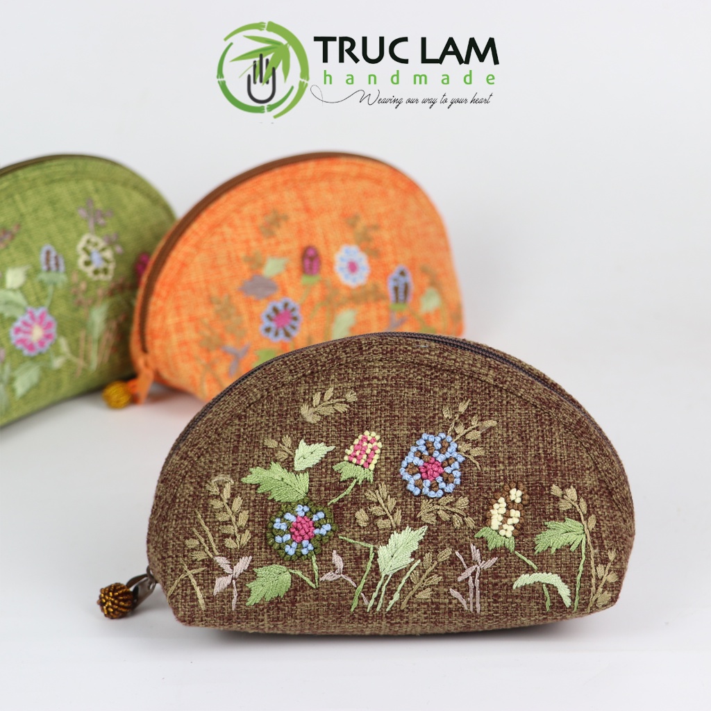 Ví Cầm Tay Nữ Ví Sò Vải Gai Họa Tiết Hoa Cỏ Thêu Tay Hai Mặt Họa Tiết Hoa Cỏ Trúc Lâm Handmade THEUV42