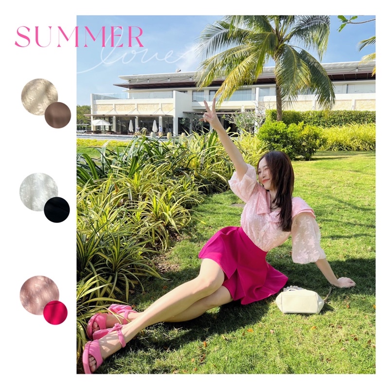 MINSH - Set bộ 2064 áo ren hoa tay phồng lưng V cột nơ + chân váy, thời trang nữ, thiết kế cao cấp độc quyền