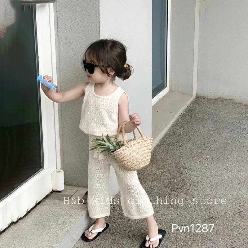 Bộ mùa hè set áo + quần len dệt mềm thoáng mát phong cách Hàn Quốc cho bé gái