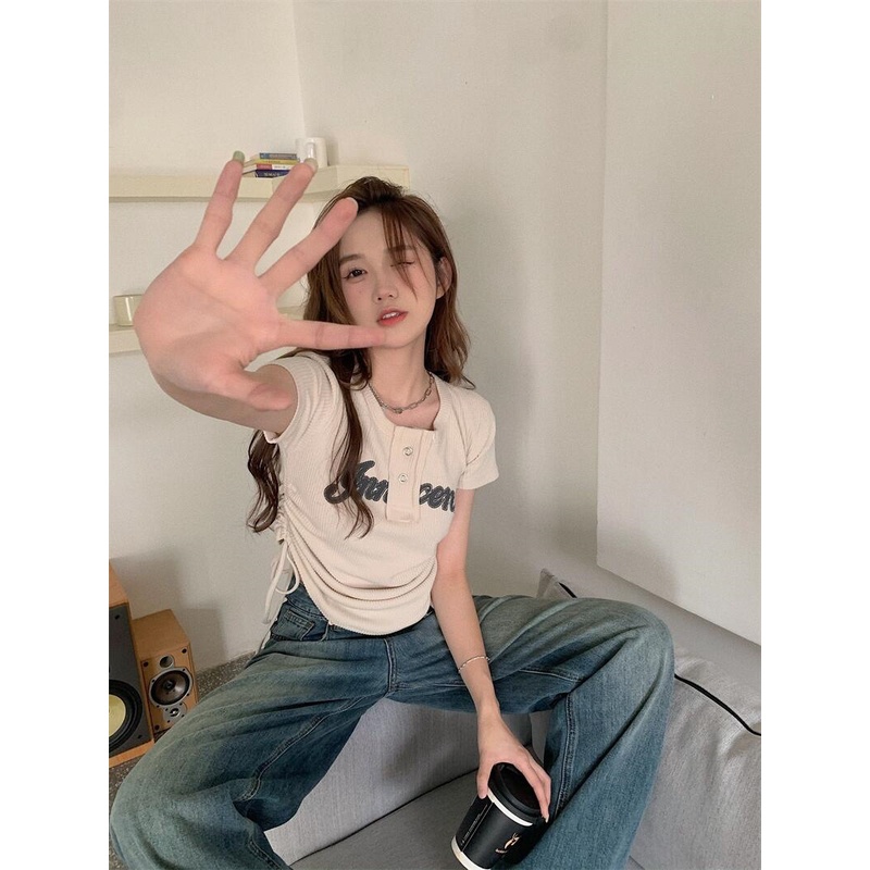 Áo Thun Dệt Kim Mỏng Tay Ngắn Phối Dây Rút Thời Trang Dành Cho Nữ