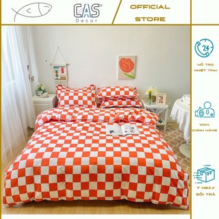 Bộ Chăn Ga Gối Cotton PL Hình Kẻ Ô Cam, Chất Liệu Thoáng Mát Đủ Kích Thước CAS Decor