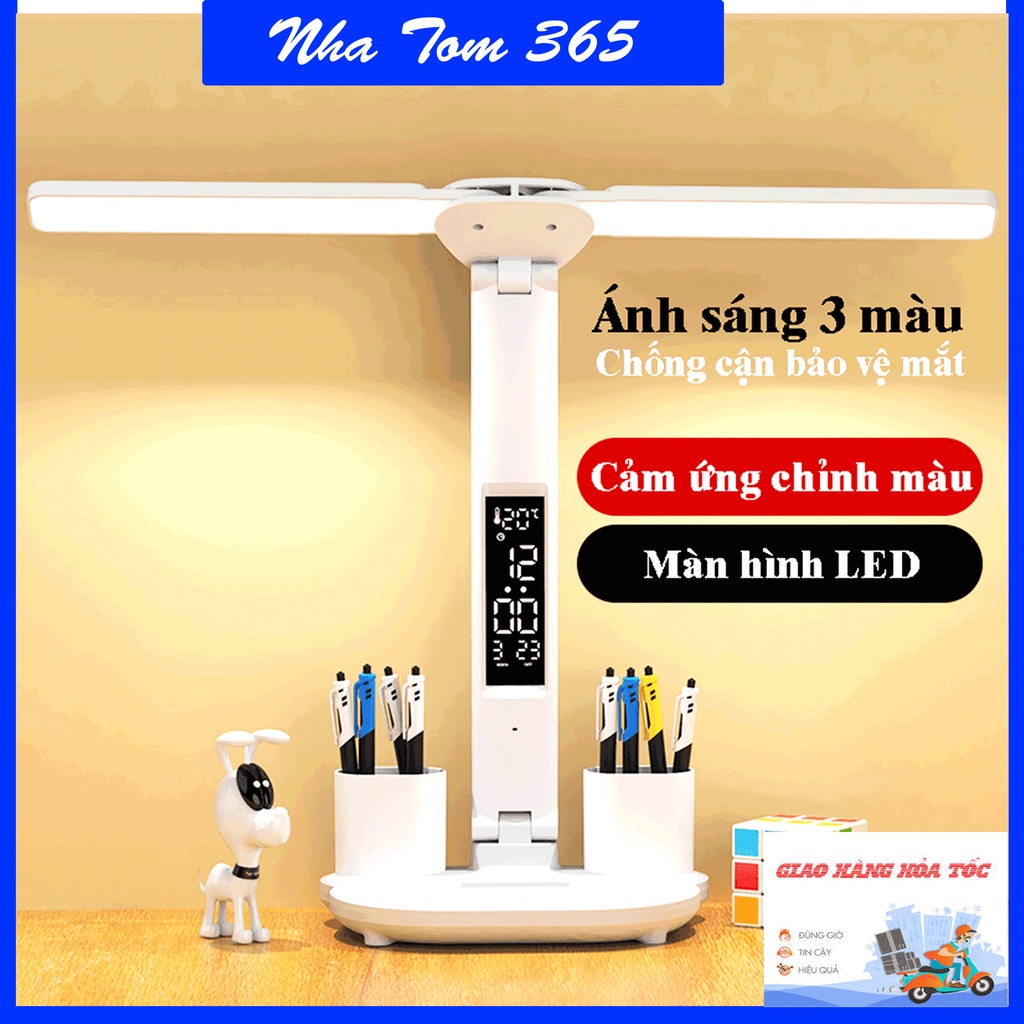 Đèn học để bàn tích điện 2023, đèn chống cận có màn hình LCD hiển thị nhiệt độ, giờ,ngày tháng bảo vệ thị lực nhatom365