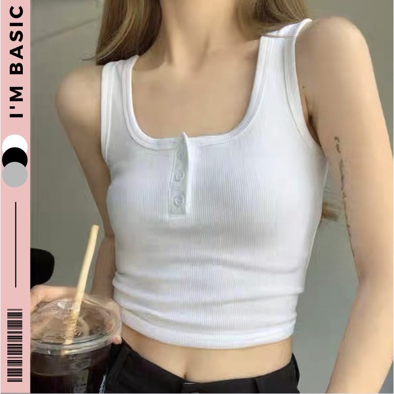 Áo Croptop Ba Lỗ Hai Dây Có Cúc Màu Trơn I'M BASIC Girly, Áo Kiểu Nữ Chất Thun Tăm Ôm Body Năng Động