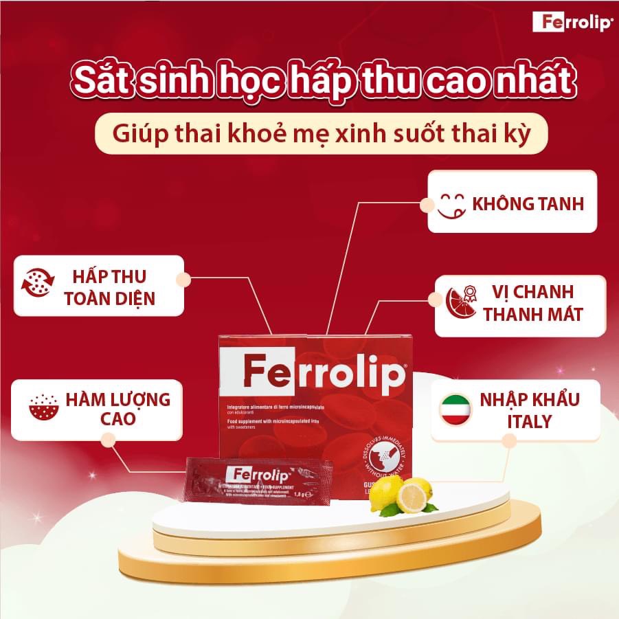 Sắt bột,Sắt sinh học Ferrolip liposome bổ sung sắt cho mẹ bầu người thiếu máu thiếu sắt hộp 20gói