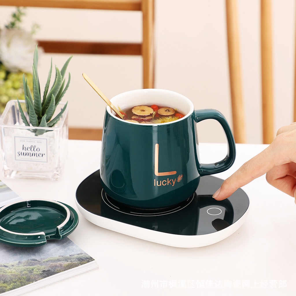 Cốc hâm nóng Lucky, bộ ly sứ kèm đế điện hâm nóng trà, cafe, tiện lợi, dễ dùng, tặng kèm thìa vàng, hộp sang trọng