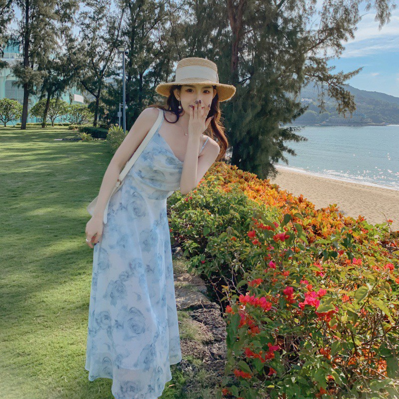 Đầm maxi hoa xanh tiểu thư nhẹ nhàng
