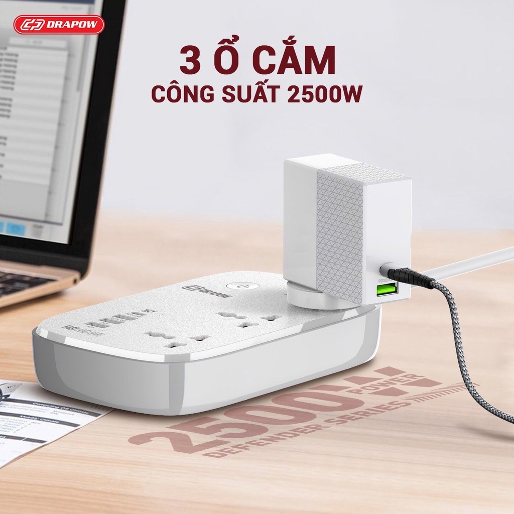 Ổ cắm điện thông minh kết nối App Drapow SK25 3 ổ cắm điện 2500W 1 cổng type C 30W 1 cổng sạc nhanh Q.C 18W, 2 cổng USBA