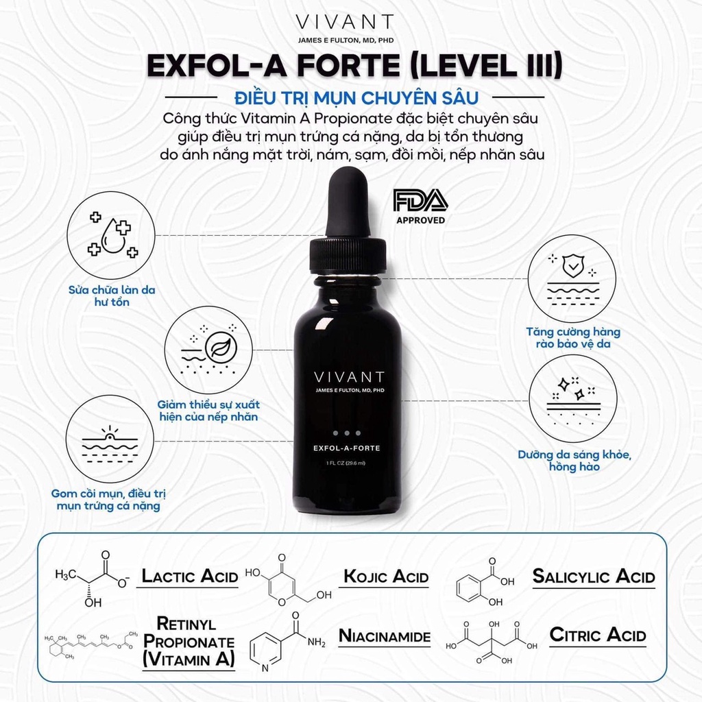 Serum Exfol-A (Level II), Exfol-A Forte (Level III) chống lão hoá, ngăn mụn, trắng sáng.