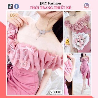 V3036 Váy body trễ vai váy hồng sự tiệc nhún eo sang chảnh