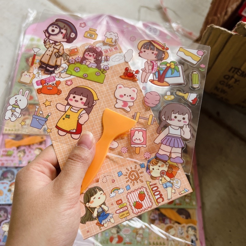 Sỉ vỉ 20 gói sticker hoạt hình to kèm que gạt