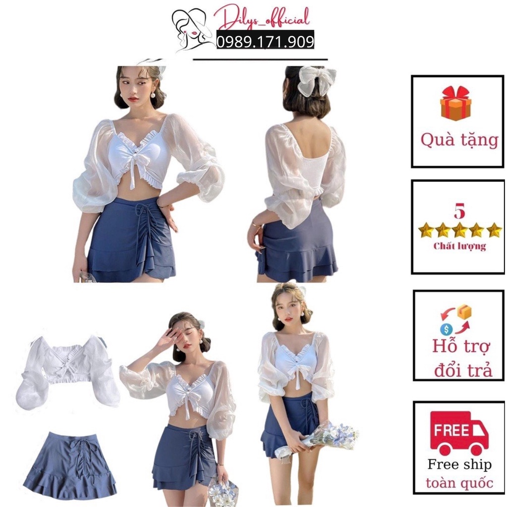 Đồ bơi nữ 2 mảnh kín đáo DILYS BK3068, Bikini đi biển phong cách hàn quốc áo tay lỡ trễ vai chân váy trẻ trung, hiện đại