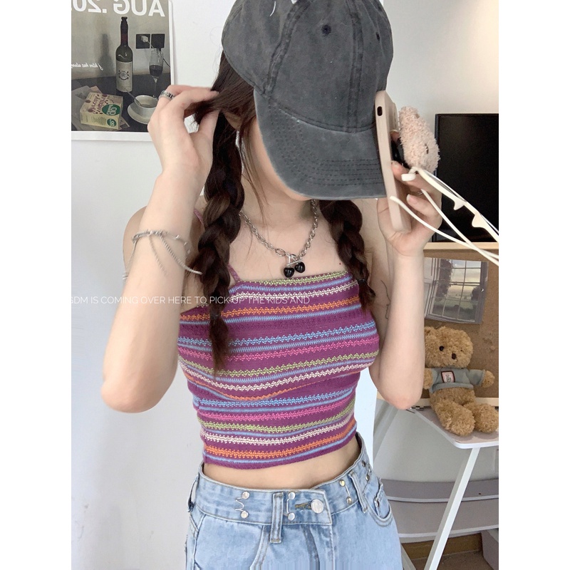 QADCOL Áo Hai Dây Dệt Kim Dáng Ngắn Phong Cách Pháp Thời Trang Mùa Hè Cho Nữ