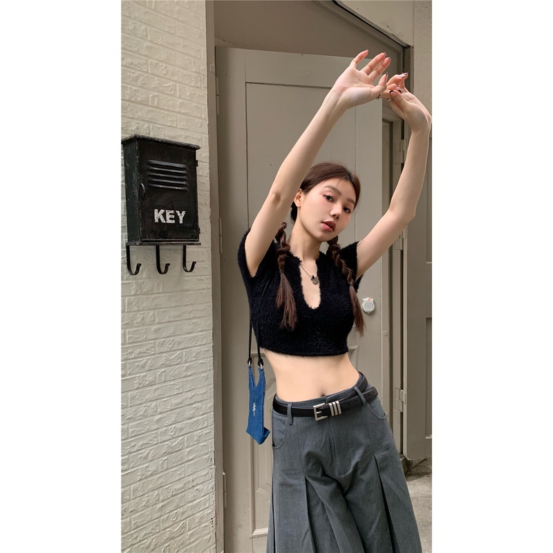 QKOOLE Áo croptop dệt kim tay ngắn thời trang mùa hè dành cho nữ