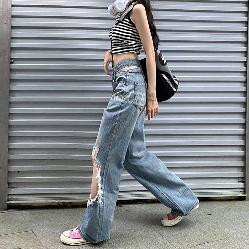 Jiashucheng Quần Jean Dài Lưng Cao Ống Rộng Phối Rách Cá Tính Dành Cho Nữ
