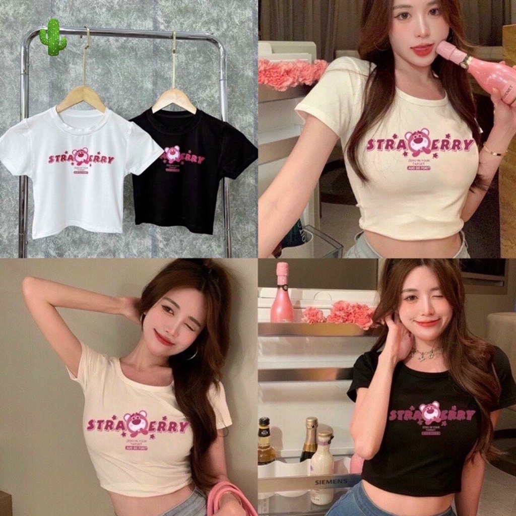 Áo croptop ngắn tay Gấu Dâu in phong cách năng động