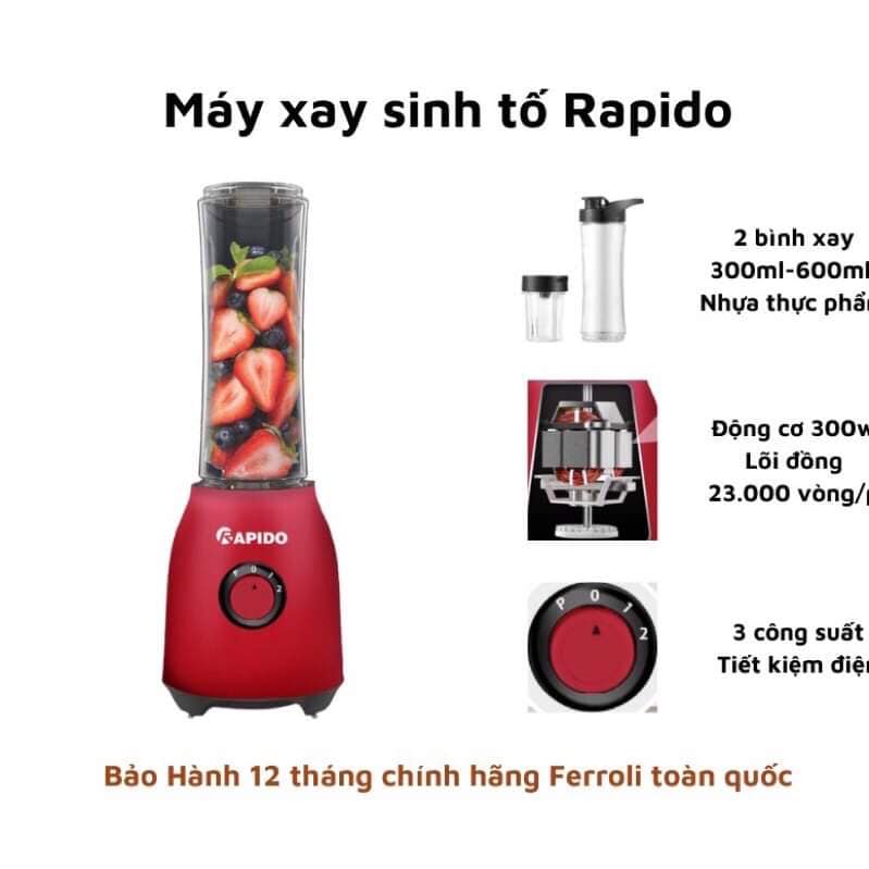 Máy xay sinh tố mini Rapido tặng kèm 2 cối xay Bảo hành 12 tháng