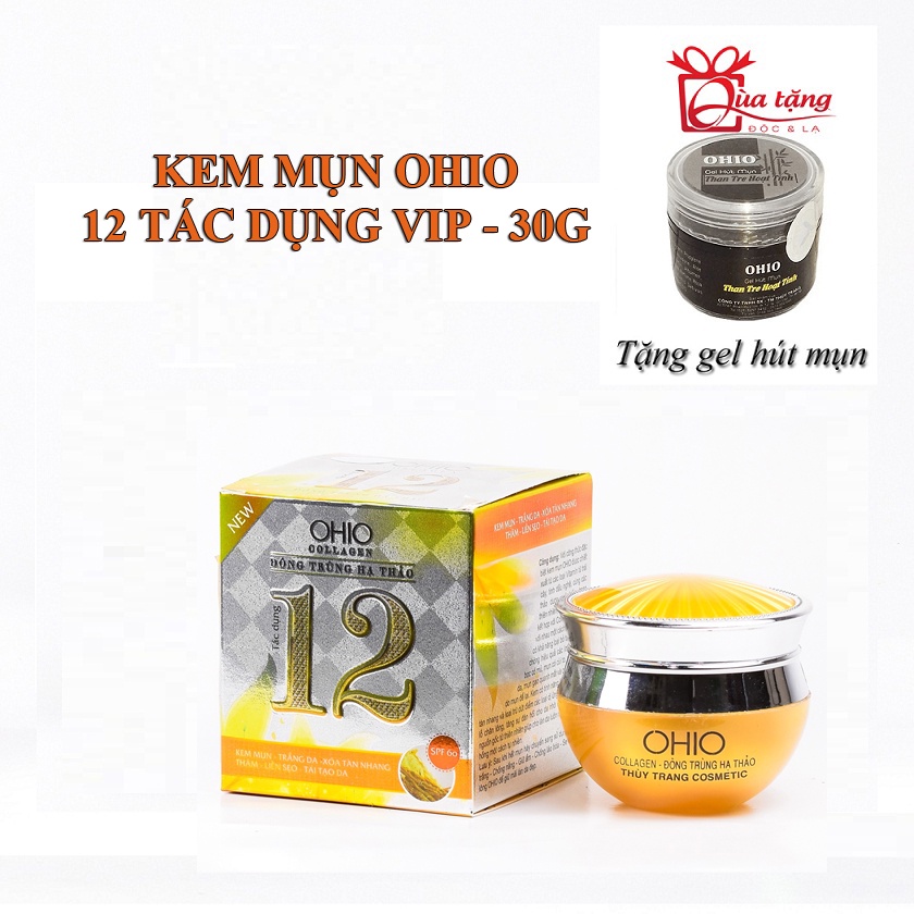 Kem mụn trắng da xóa thâm liền sẹo 12 tác dụng OHIO Collagen - Đông Trùng Hạ Thảo 30g + Tặng kèm gel hút mụn
