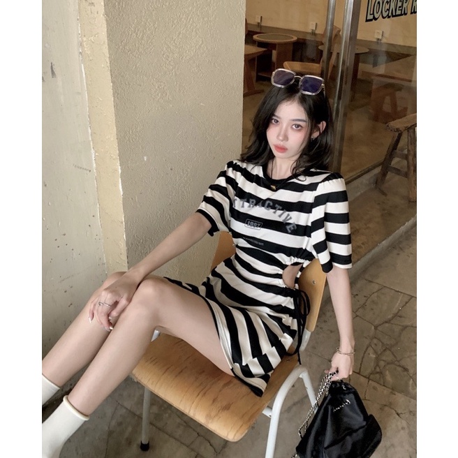 Đầm Kẻ Rút Eo Phối Hoạ Tiết In Siêu Xinh Mã KH42