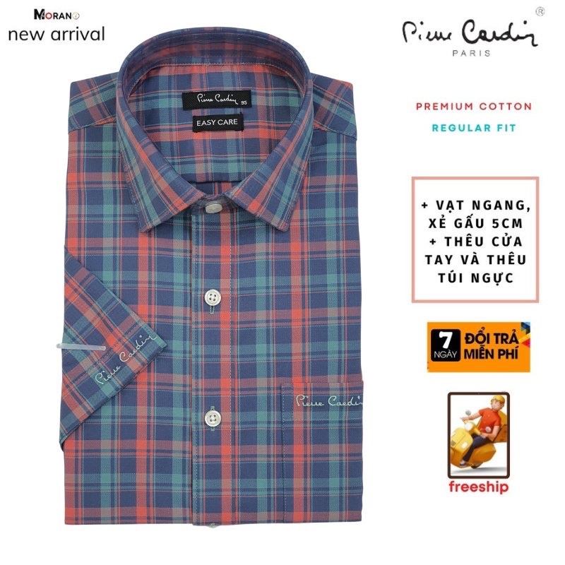 áo sơ mi nam tay ngắn Pierre cardin cao cấp công sở kẻ sọc caro chất cotton 100% thấm mồ hôi tốt form regularfit dễ mặc.