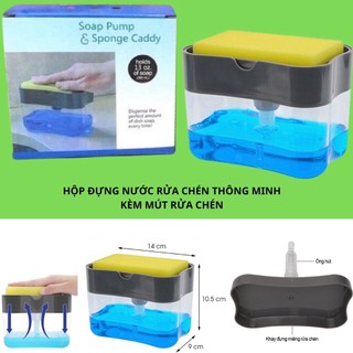 Hộp đựng nước rửa chén bát tặng kèm mút nhấn tự bơm thông minh