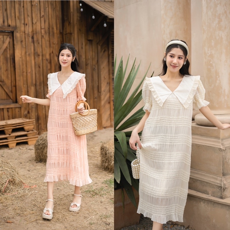 Đầm ren dập ly cao cấp phối cổ bản to, phom suông basic kiểu dáng Hàn quốc hottrend năm nay