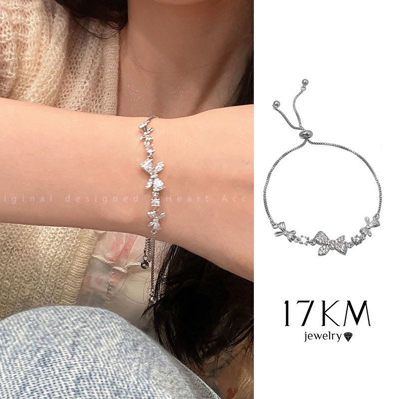 Vòng Đeo Tay 17Km Mạ Bạc Hình Nơ Đơn Giản Ngọt Ngào Thời Trang Cao Cấp