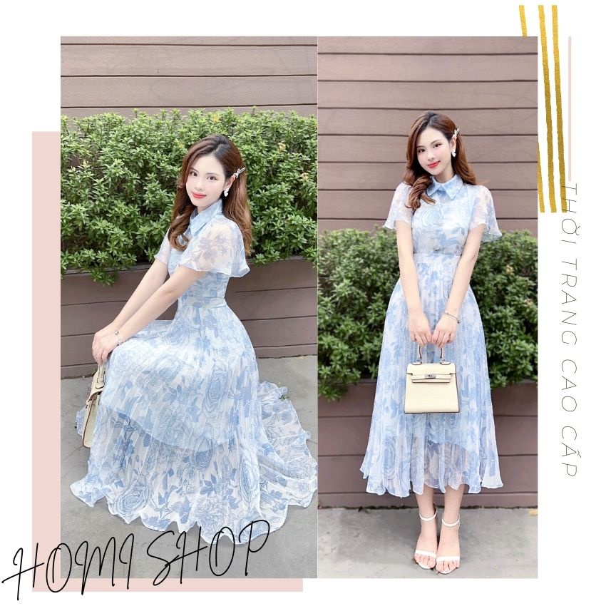 Váy nữ thiết kế cổ sơ mi tay bồng - XU XU SHOP - Đầm hoa nữ chất liệu voạn tơ mềm, kiểu dáng dễ mặc - ẢNH THẬT