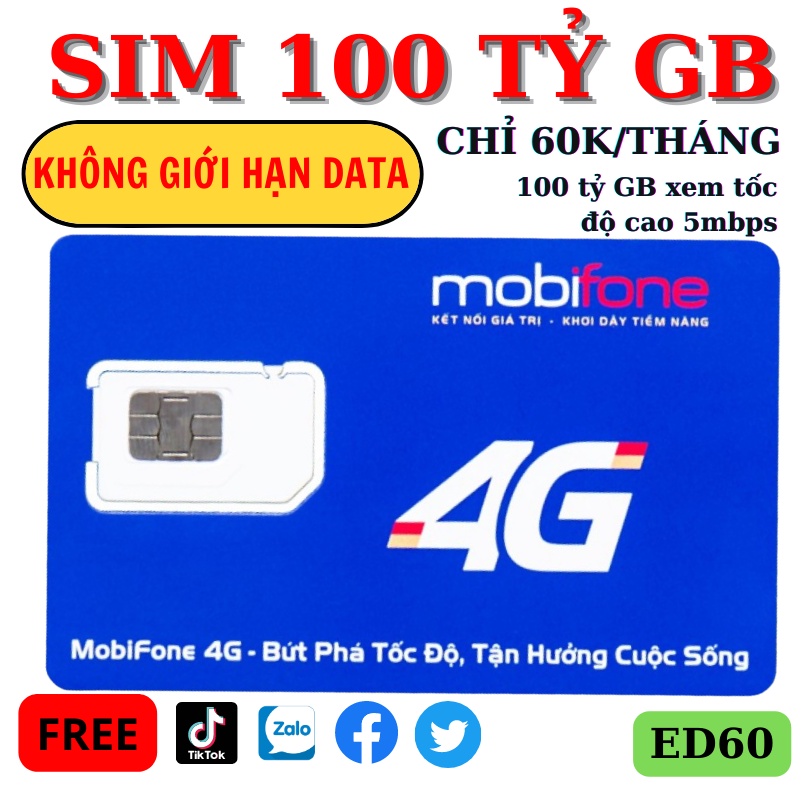 Sim 4G Mobifone ED60-3ED60-12ED60 10 tỷ GB DATA TỐC ĐỘ CAO. Phí gia hạn chỉ 60k/tháng.