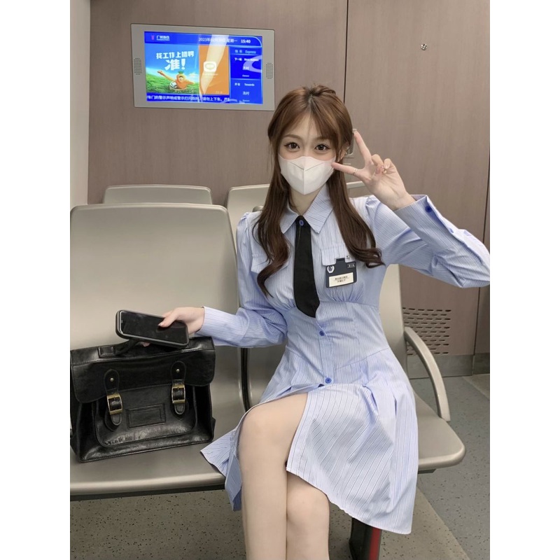 Porozi  Đầm Chữ a Tay Dài Màu Xanh Dương Dáng Ngắn Ôm Eo Thời Trang Cho Nữ