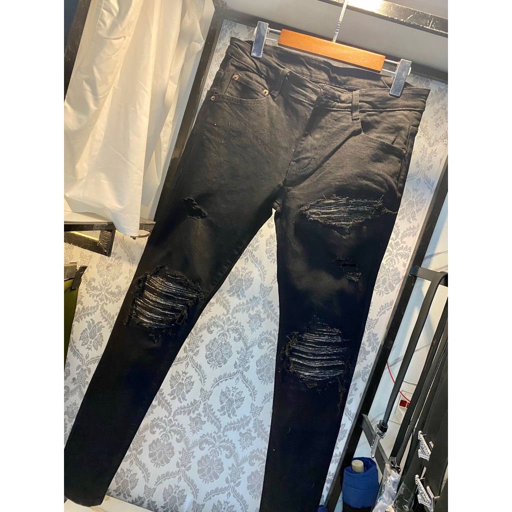 Quần bò nam đen vá kim tuyến sợi đan không lo bong chóc