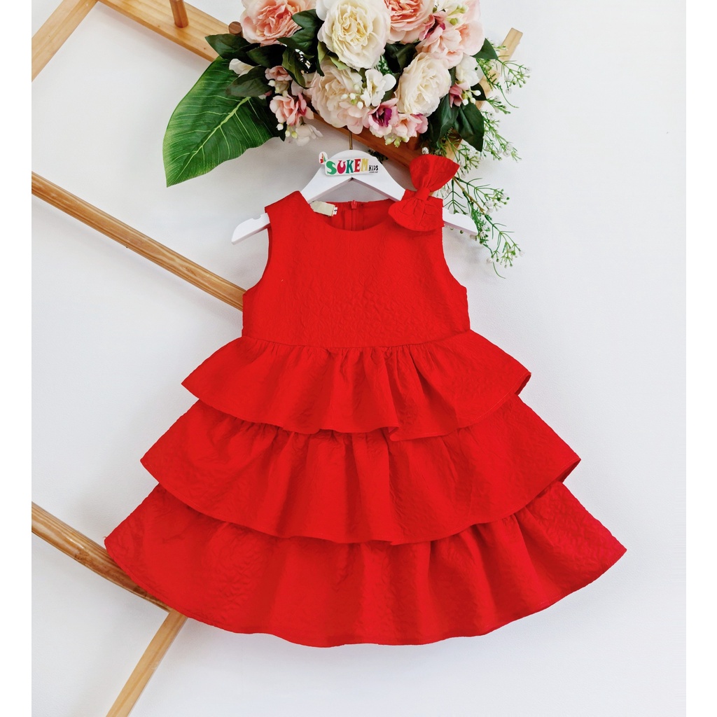 Đầm đỏ 3 tầng nơ vai