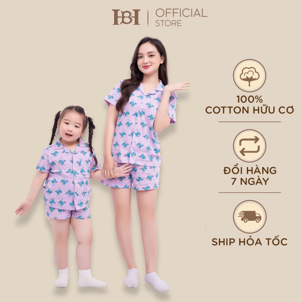 Bộ quần áo pyjama cộc tay Hapiibabii Cotton Organic cho mẹ bé mặc nhà mùa hè họa tiết cá heo tím (1-10 Tuổi)