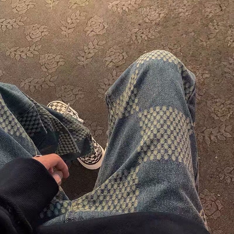 Quần bò jeans ống rộng hoạ tiết mosaic kẻ caro phối màu Ulzzang hiphop siêu chất ❤️