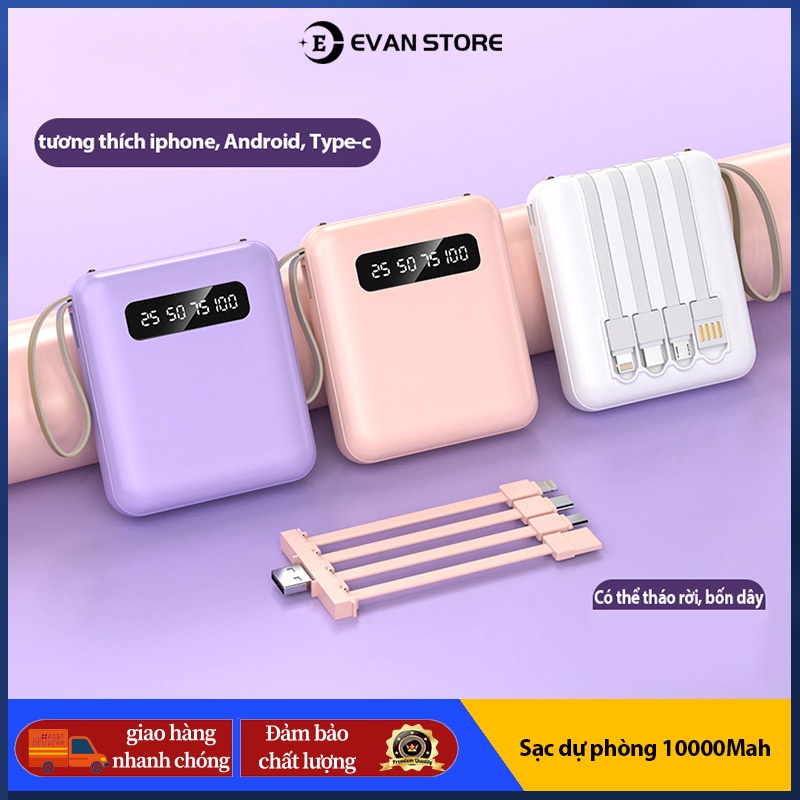 Sạc dự phòng mini 10000 mAh, màn hình LED hiển thị nguồn, đi kèm 4 dây sạc có thể tháo rời [hoả tốc]