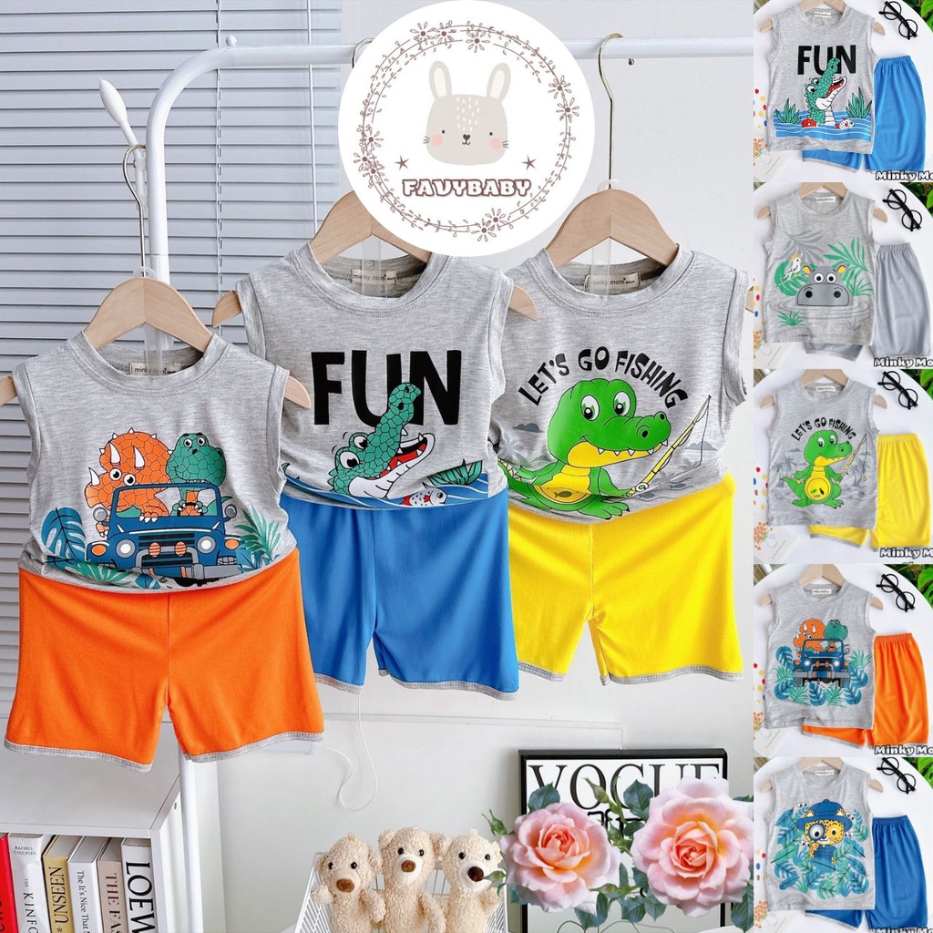 Bộ Ba Lỗ MINKY MOM Chính Hãng Thun Lạnh Nền Xám Mẫu Động Vật Cute Cho Bé 0 1 2 3 4 5 Tuổi - Favybaby