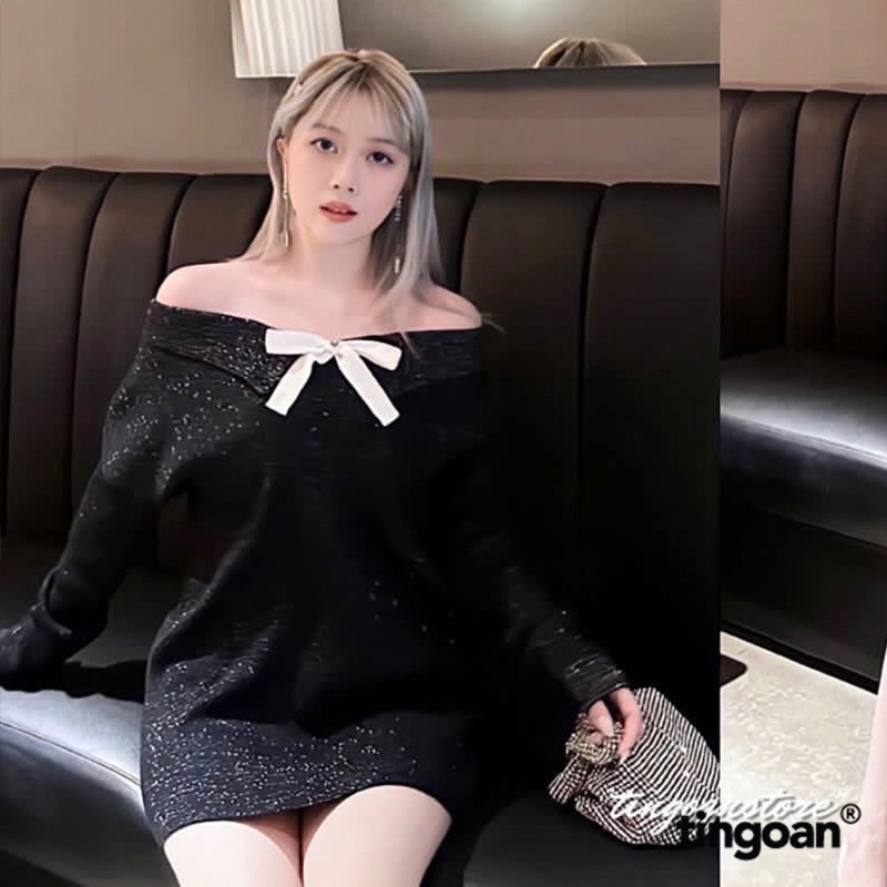 TINGOAN® - Áo len đen kim tuyết xù cổ V mặc hai kiểu đính nơ trắng AFTER PARTY OFF-SHOULDER TOP/BL