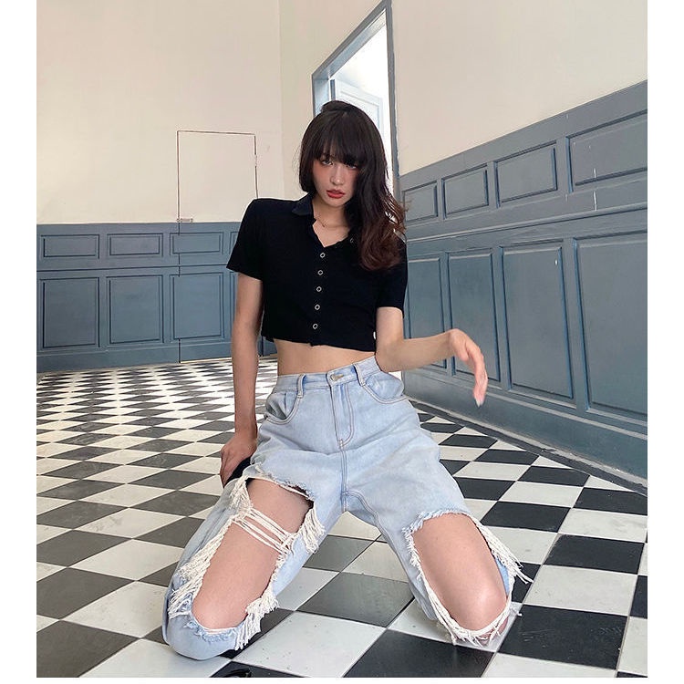 Jiashucheng Quần Jean Dài Lưng Cao Dáng Rộng Phối Rách Kiểu Retro Thời Trang Mùa Hè Cho Nữ